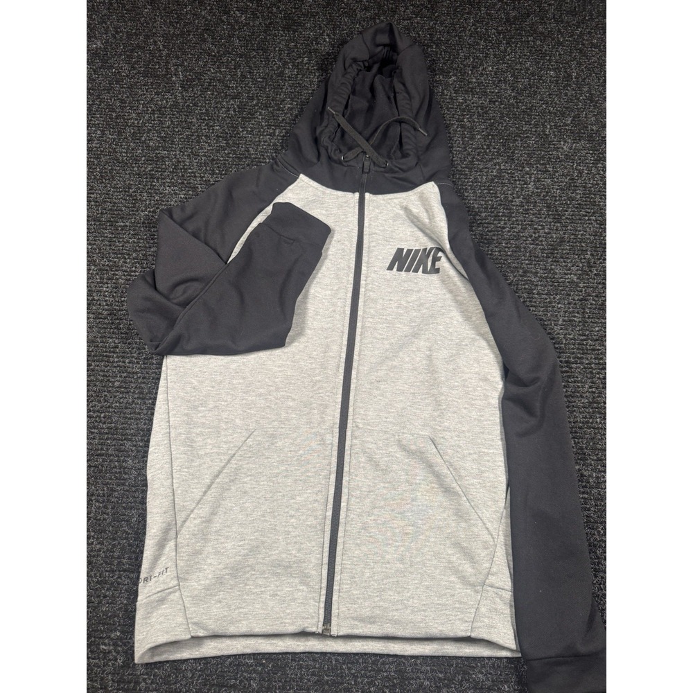 Nike Dri-FIT Mens Gray Black Full Zip Hoodie Athletic Training Sweatshirt Small